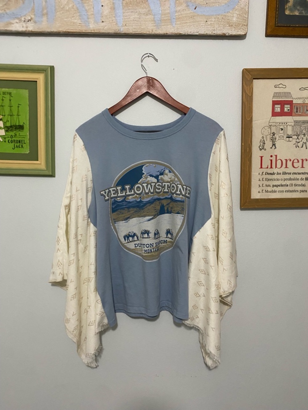 Yellowstone Dutton Ranch Upcycled Graphic Tee with Cream Draped Sleeves